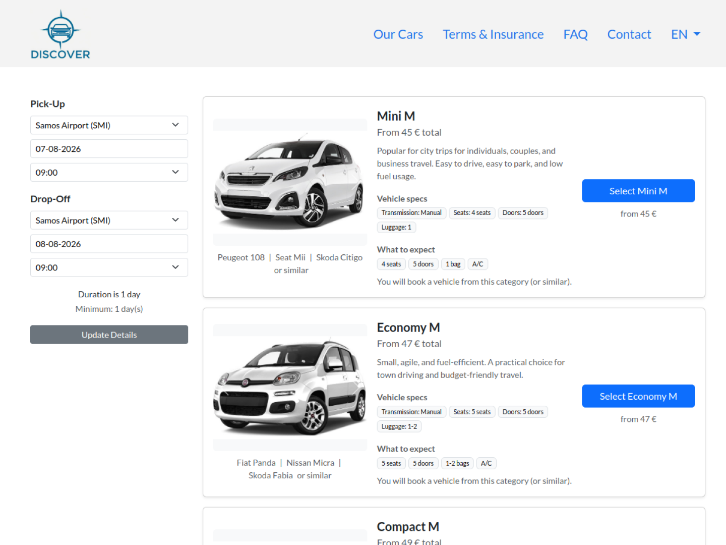 Discover Rent A Car vehicle selection page with available categories, specifications, and calculated prices