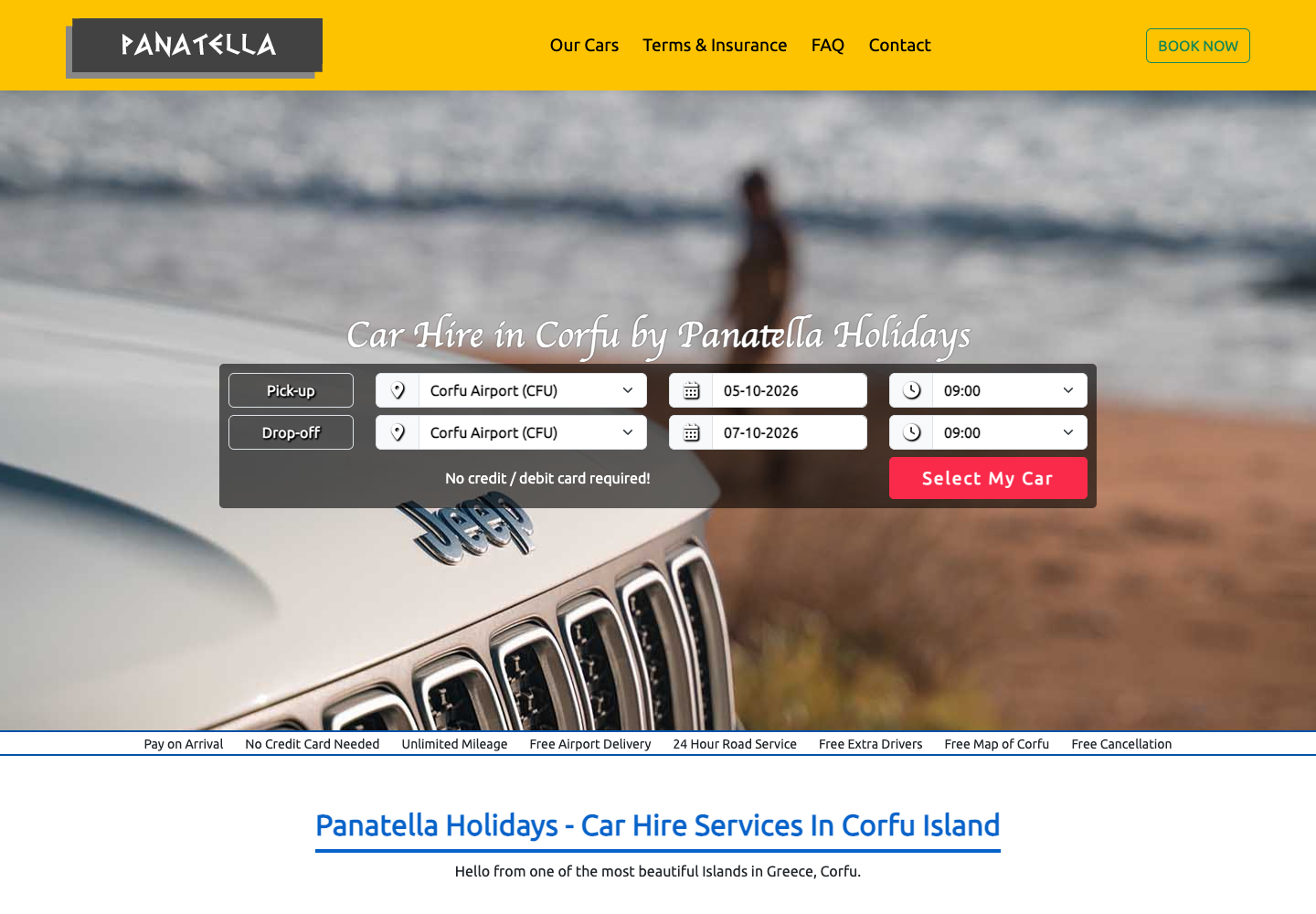 Original Panatella car rental homepage with pickup and return selection