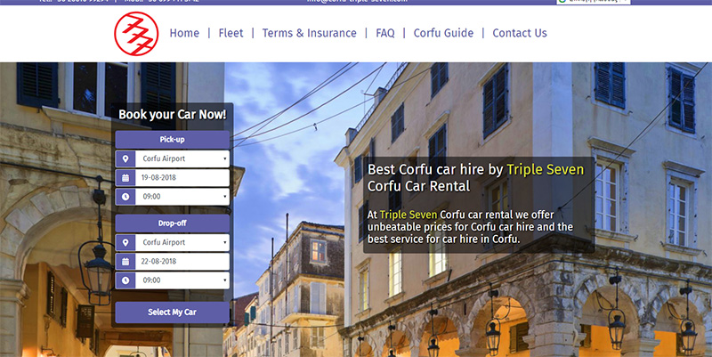 Triple Seven car rental website with pickup and drop-off booking form